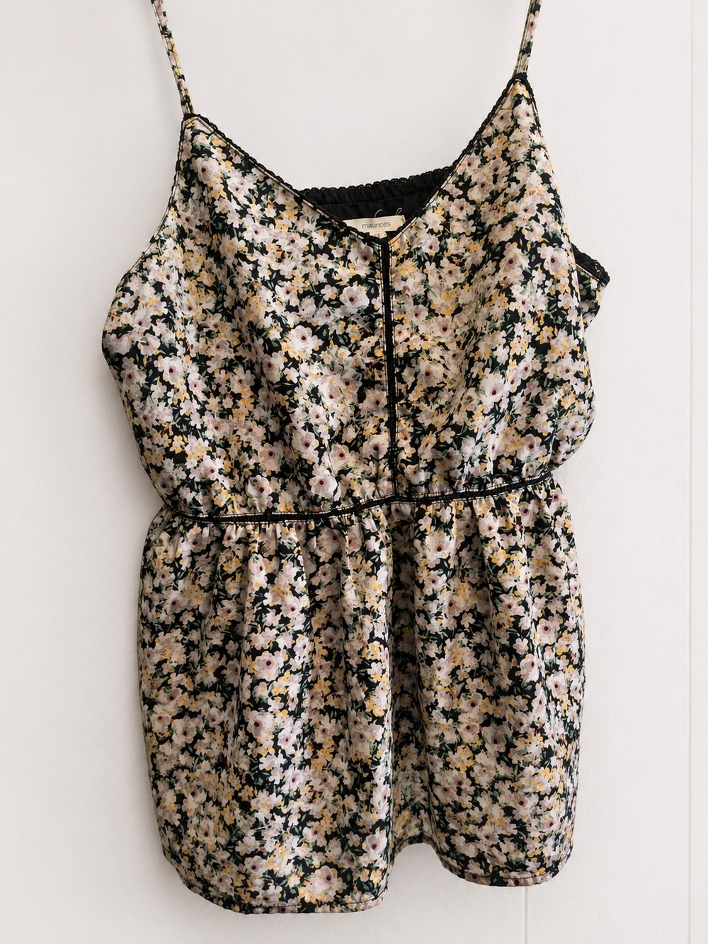 Maurices Black Floral Spaghetti-Strap Romper with Cream & Pink Blossoms